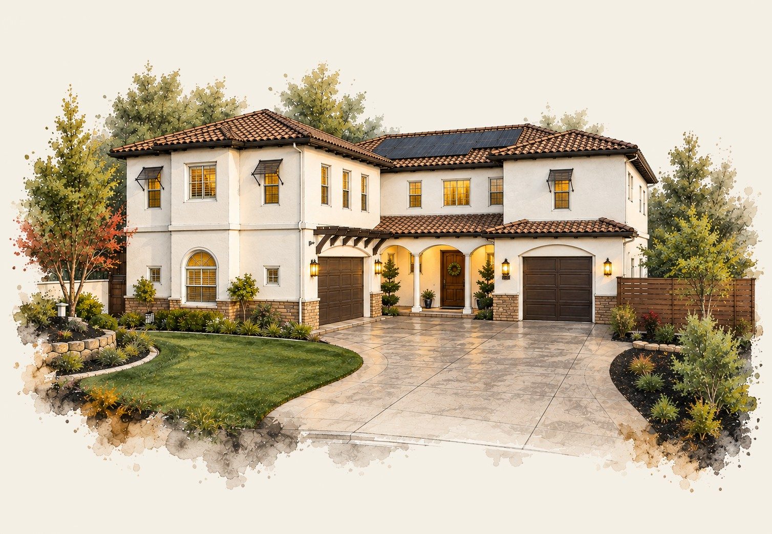 An illustration of 220 Asuncion Court seen from the driveway: a two story
                    tiled roof house in pale stucco and stone, solar panels on the upper roof,
                    two garage doors either side of an arched entry, lawn and planting to the front.