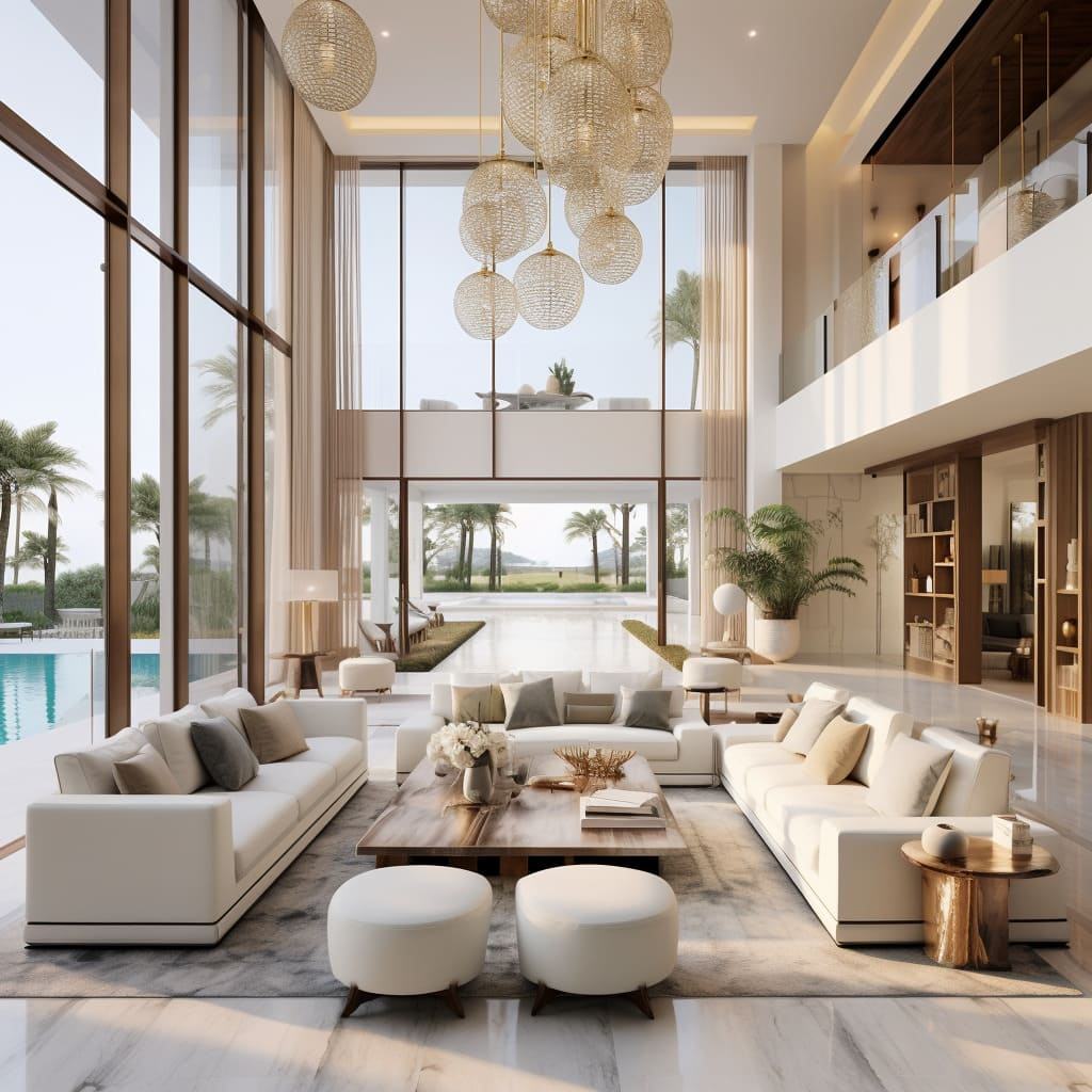 A double height living room with a sculptural chandelier