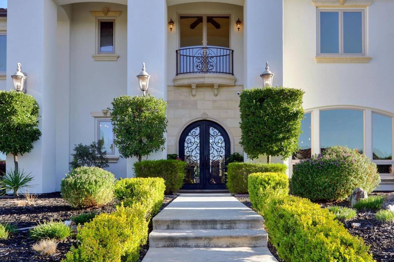 The front path up to the double doors, topiary either side