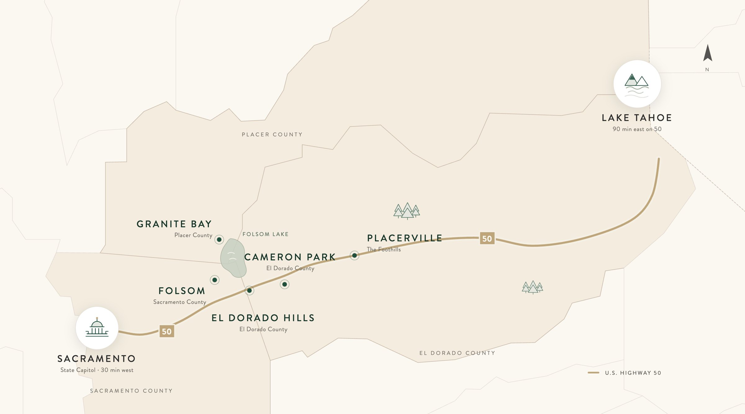 A map of the Highway 50 corridor from Sacramento east to Lake Tahoe, showing Granite Bay, Folsom, El Dorado Hills, Cameron Park and Placerville