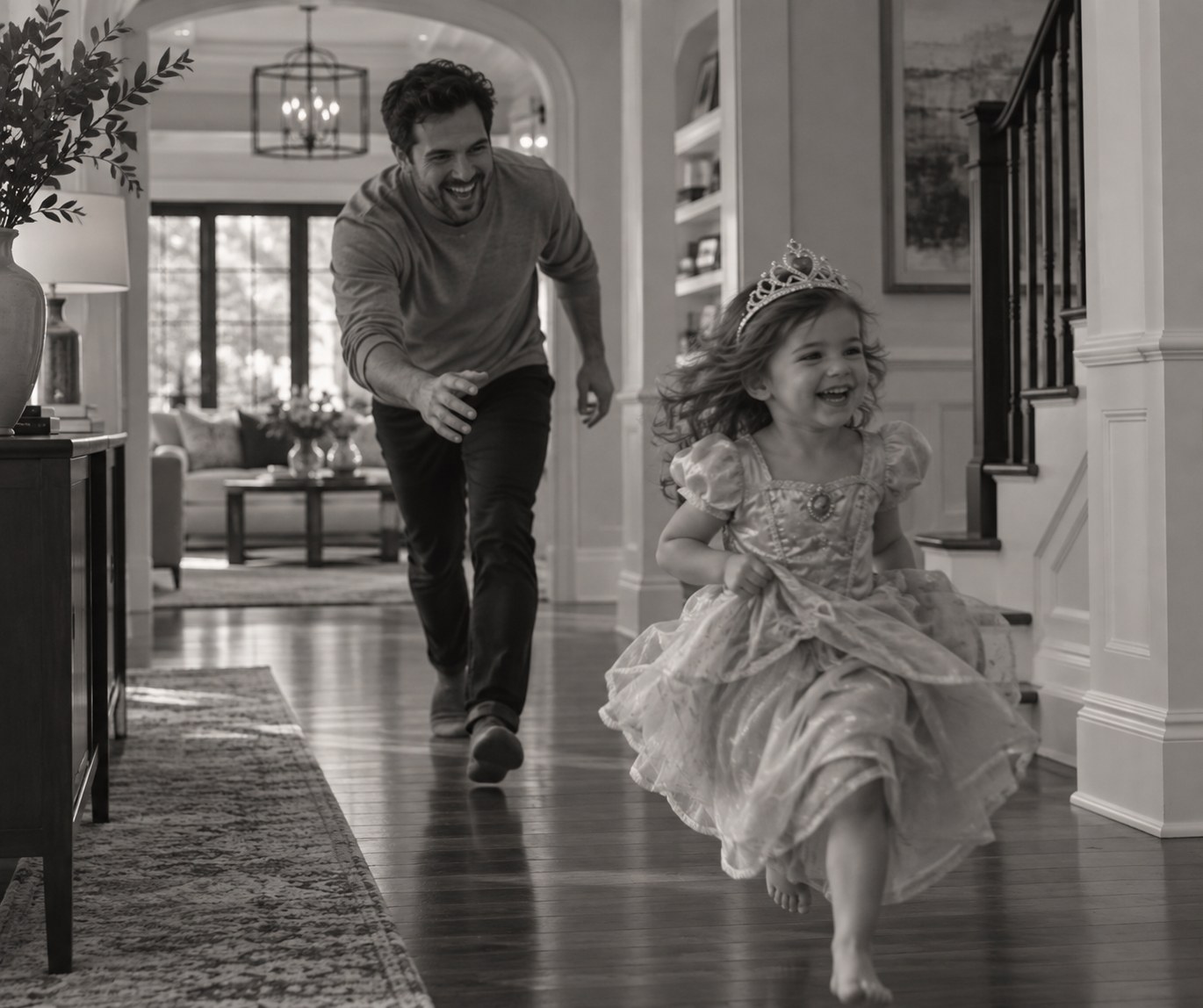 A child running down the hall of a family home, a parent following behind